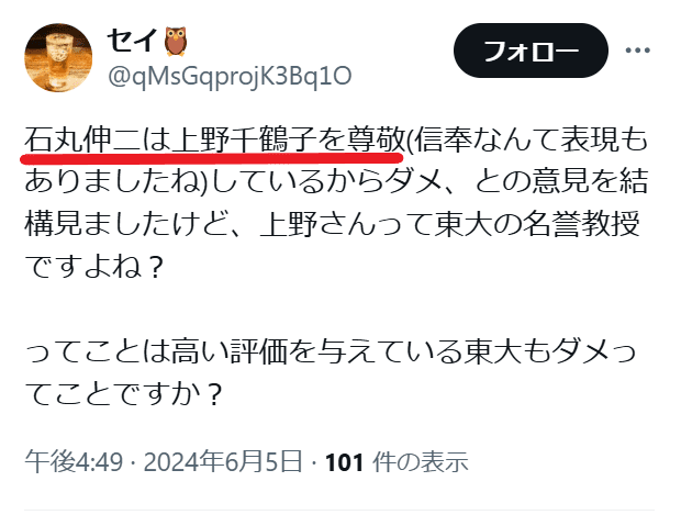 石丸伸二と上野千鶴子についての投稿